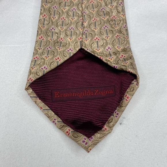 Ermenegildo Zegna Men's Tan Multi-colorful Tulip Floral 100% Silk Tie - Picture 4 of 5